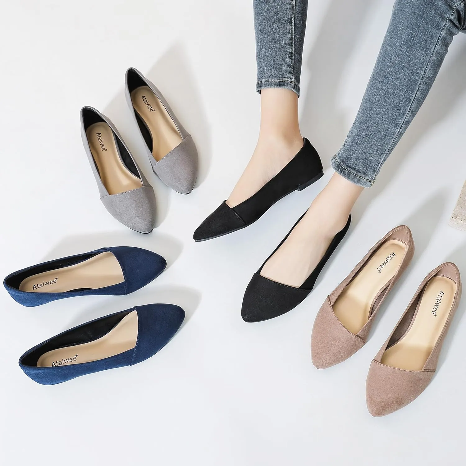 Ataiwee Women's Wide Width Flat Shoes, Classic Dressy Pointed Suede Cozy Slip on Soft Ballet Flats.