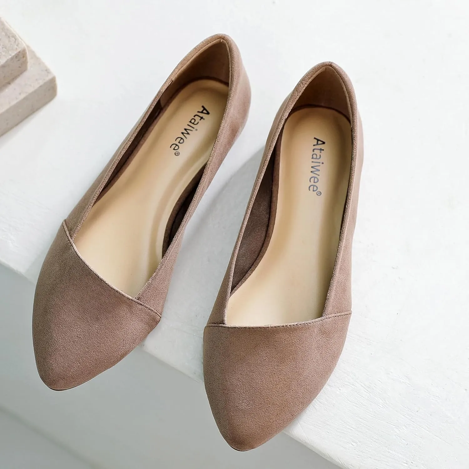 Ataiwee Women's Wide Width Flat Shoes, Classic Dressy Pointed Suede Cozy Slip on Soft Ballet Flats.