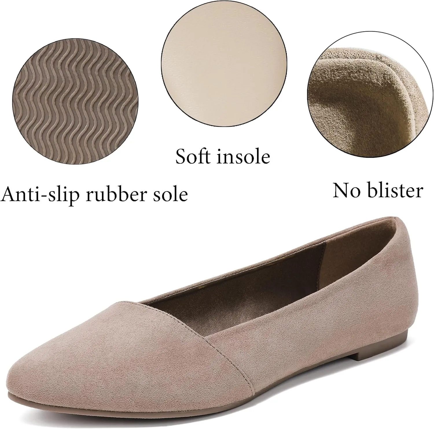 Ataiwee Women's Wide Width Flat Shoes, Classic Dressy Pointed Suede Cozy Slip on Soft Ballet Flats.