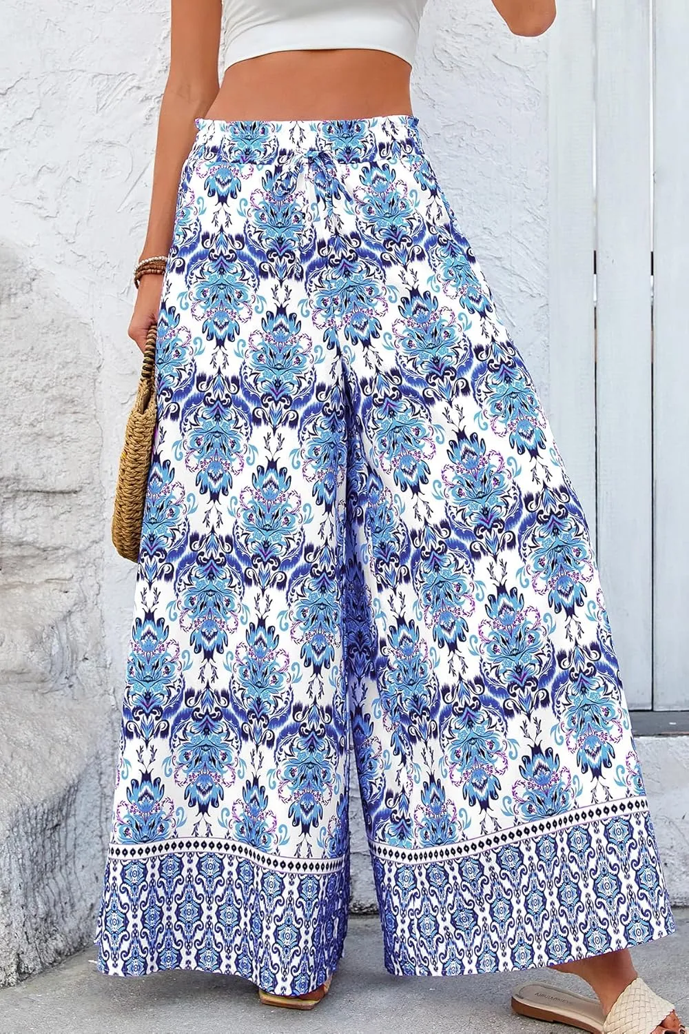 CFLONGE Women Wide Leg Pants Casual High Waist Floral Palazzo Pants for Women Flowy Trendy Lounge Boho Beach Trousers Pockets