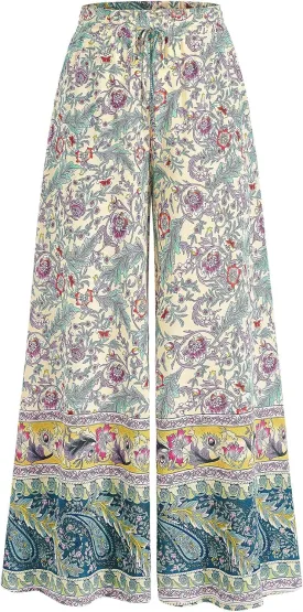 CFLONGE Women Wide Leg Pants Casual High Waist Floral Palazzo Pants for Women Flowy Trendy Lounge Boho Beach Trousers Pockets