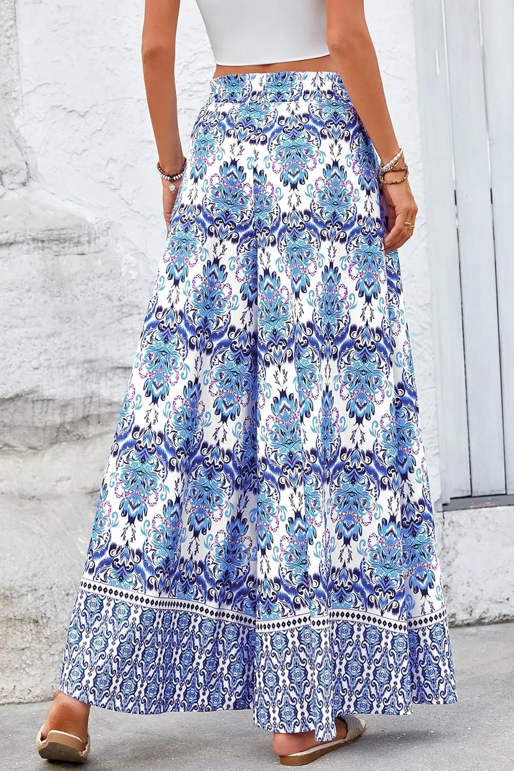 CFLONGE Women Wide Leg Pants Casual High Waist Floral Palazzo Pants for Women Flowy Trendy Lounge Boho Beach Trousers Pockets