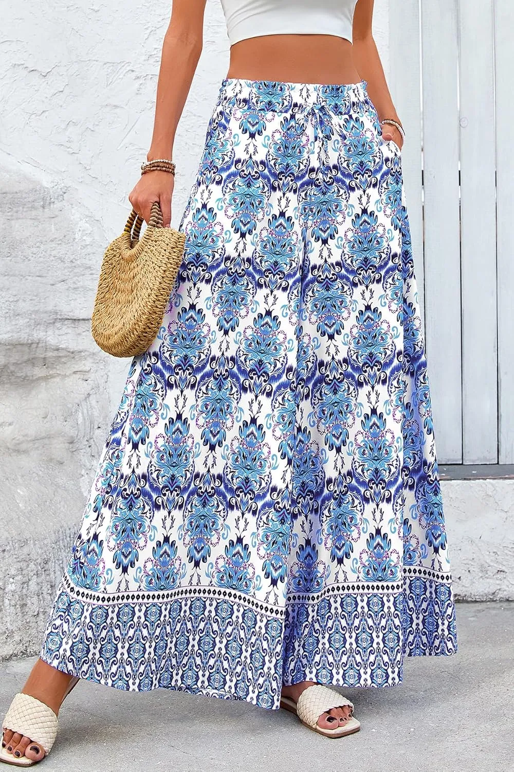 CFLONGE Women Wide Leg Pants Casual High Waist Floral Palazzo Pants for Women Flowy Trendy Lounge Boho Beach Trousers Pockets