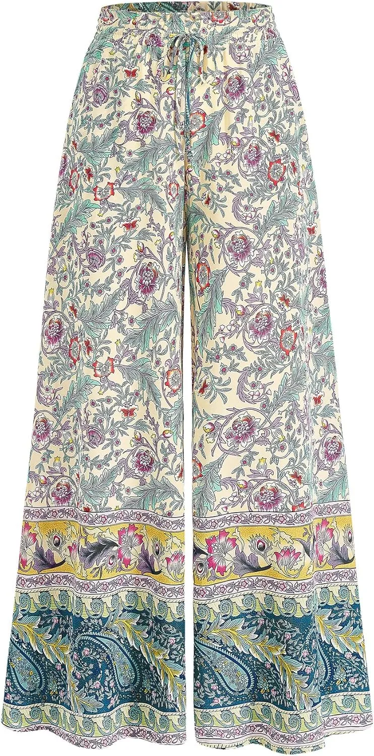 CFLONGE Women Wide Leg Pants Casual High Waist Floral Palazzo Pants for Women Flowy Trendy Lounge Boho Beach Trousers Pockets