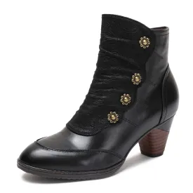 CrazycatZ Womens Leather Ankle Boots Colorful Leather Buttoned Vintage Bootie Black
