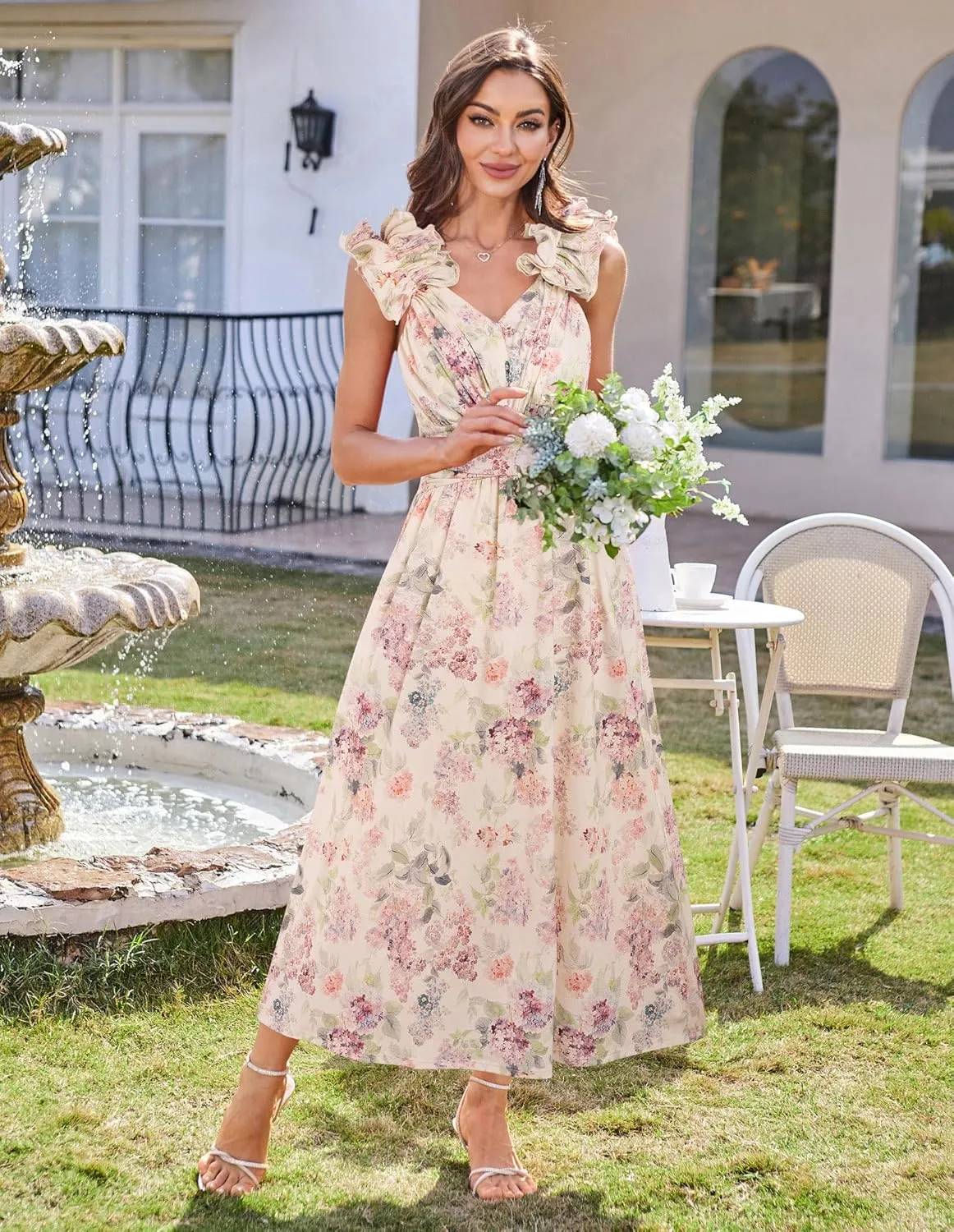 GRACE KARIN 2025 Women's Summer Floral Print Dress Sleeveless Casual Flowy Sundress A Line Ruffle Wedding Guest Outfit
