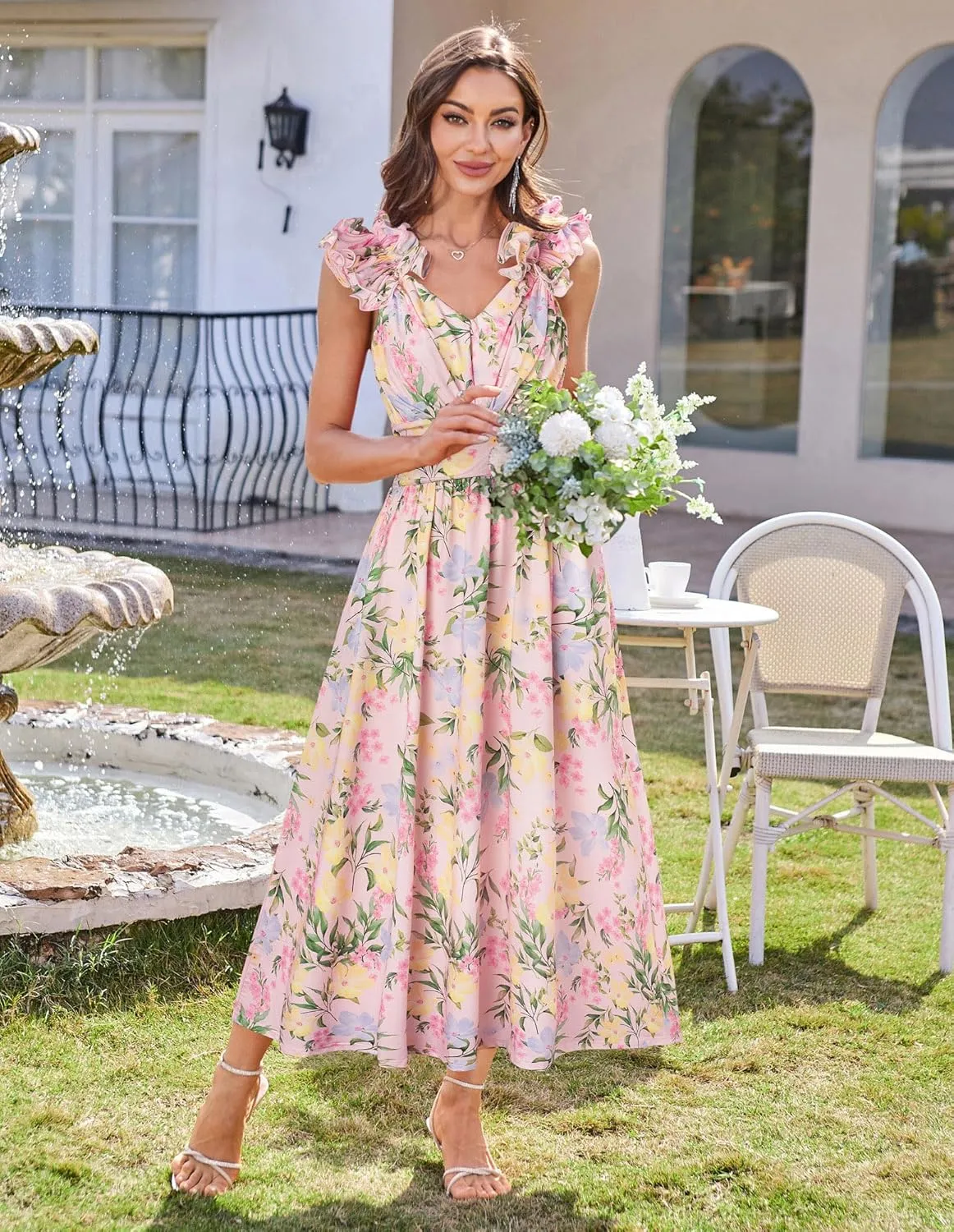 GRACE KARIN 2025 Women's Summer Floral Print Dress Sleeveless Casual Flowy Sundress A Line Ruffle Wedding Guest Outfit