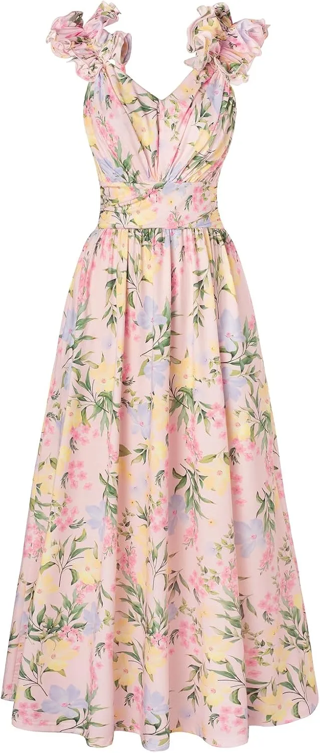 GRACE KARIN 2025 Women's Summer Floral Print Dress Sleeveless Casual Flowy Sundress A Line Ruffle Wedding Guest Outfit