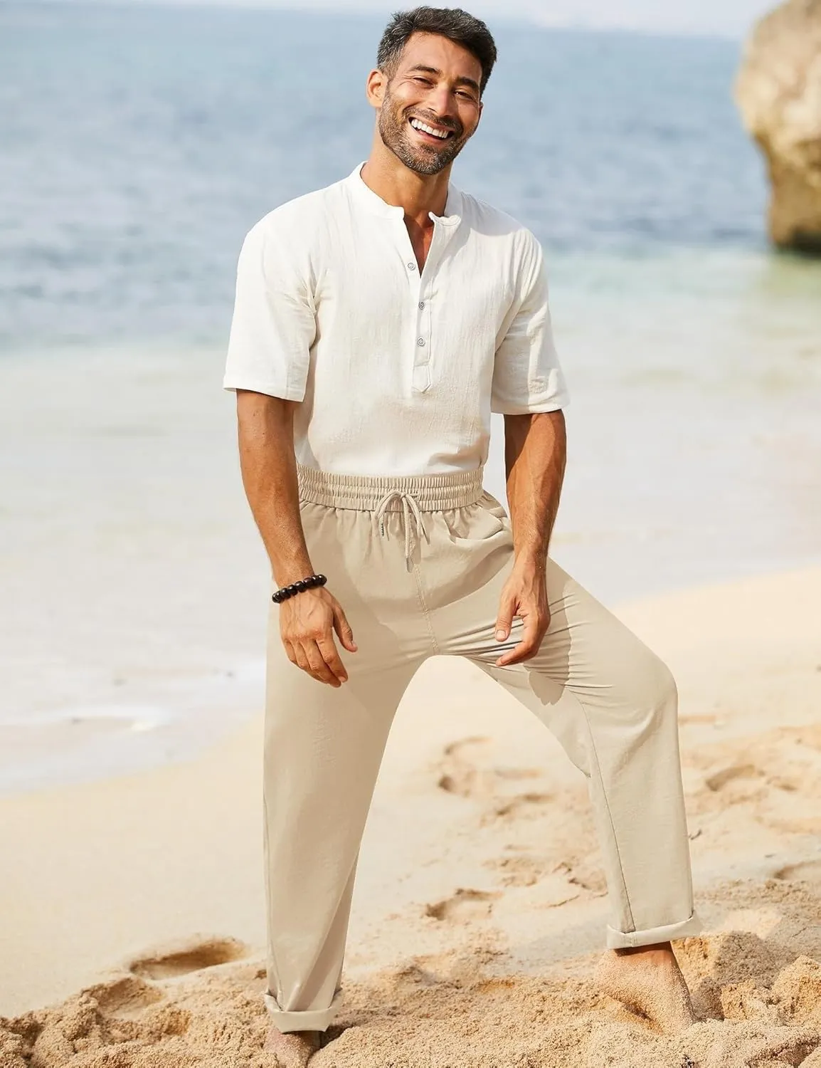 iWoo Linen Pants Men Casual 2025 Summer Beach Elastic Drawstring Waist Yoga Pants Travel Baggy Work Pant Pajama