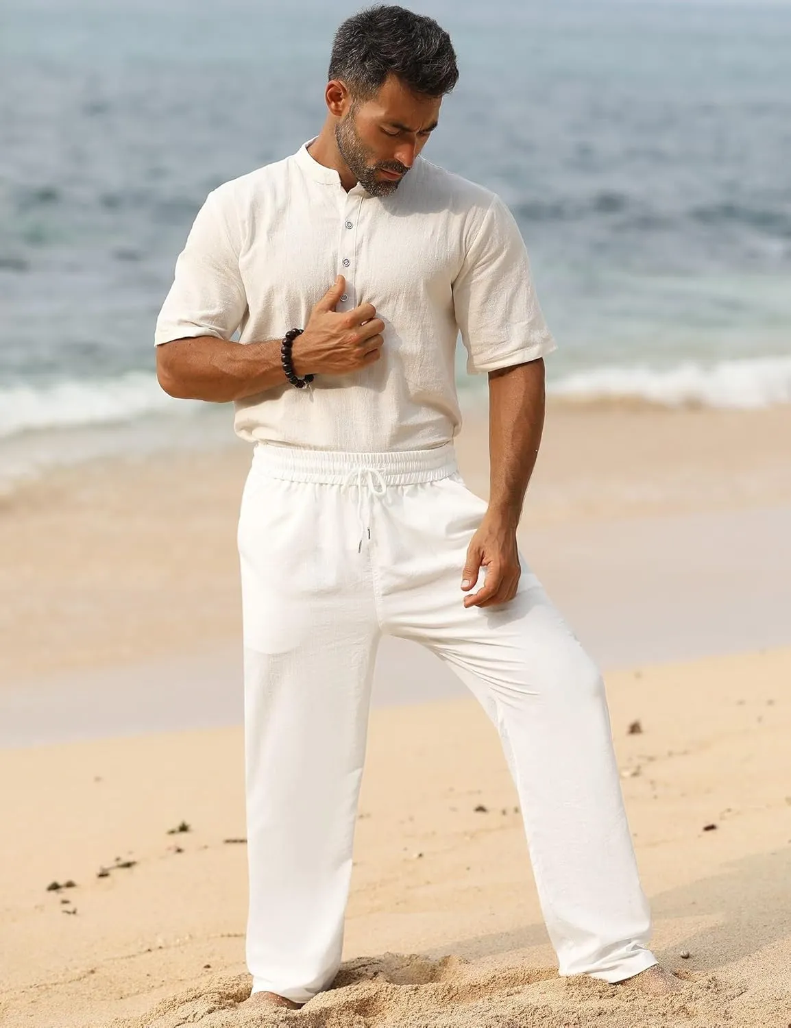 iWoo Linen Pants Men Casual 2025 Summer Beach Elastic Drawstring Waist Yoga Pants Travel Baggy Work Pant Pajama