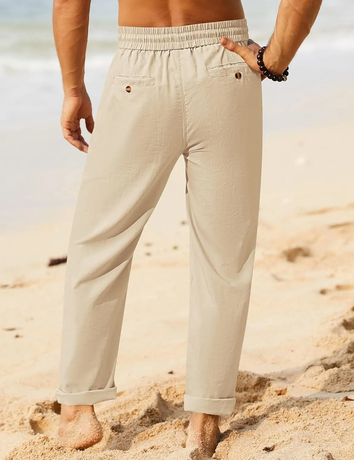 iWoo Linen Pants Men Casual 2025 Summer Beach Elastic Drawstring Waist Yoga Pants Travel Baggy Work Pant Pajama