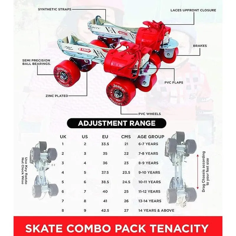 JJ Jonex Unisex Tenacity Adjustable Skates Combo (Skates   Helmet   Knee Pad   Elbow Pad   Skates Gloves   Key   Bag) (MYC) | Medium | Red |  6-11 Years