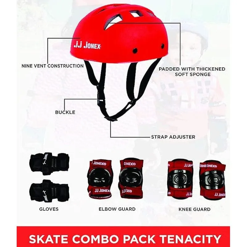 JJ Jonex Unisex Tenacity Adjustable Skates Combo (Skates   Helmet   Knee Pad   Elbow Pad   Skates Gloves   Key   Bag) (MYC) | Medium | Red |  6-11 Years