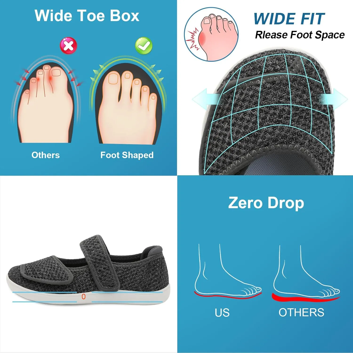 JOINFREE Womens Barefoot Walking Shoes Wide Diabetic Shoes Adjustable Mary Jane Shoes Flats Arthritis Edema Casual Shoes Breathable Slip on Sneakers Indoor Outdoor