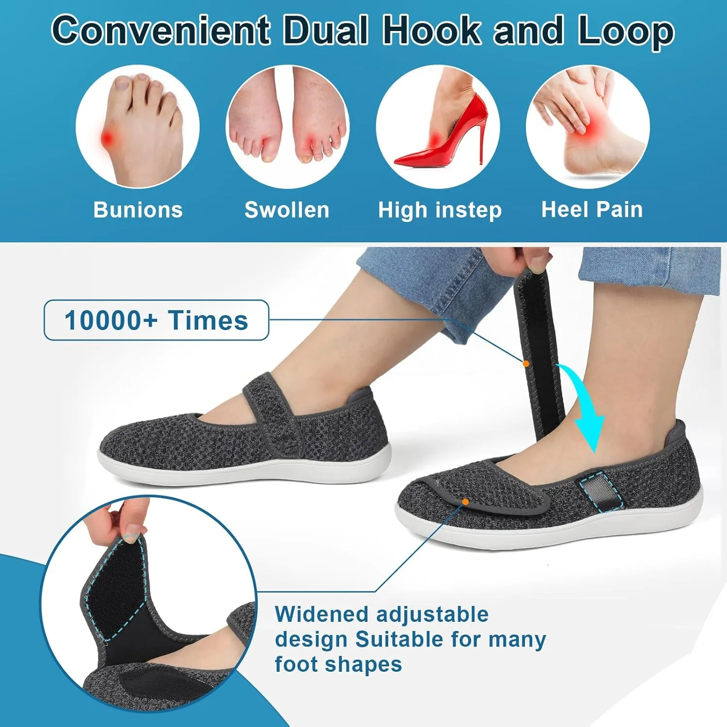 JOINFREE Womens Barefoot Walking Shoes Wide Diabetic Shoes Adjustable Mary Jane Shoes Flats Arthritis Edema Casual Shoes Breathable Slip on Sneakers Indoor Outdoor