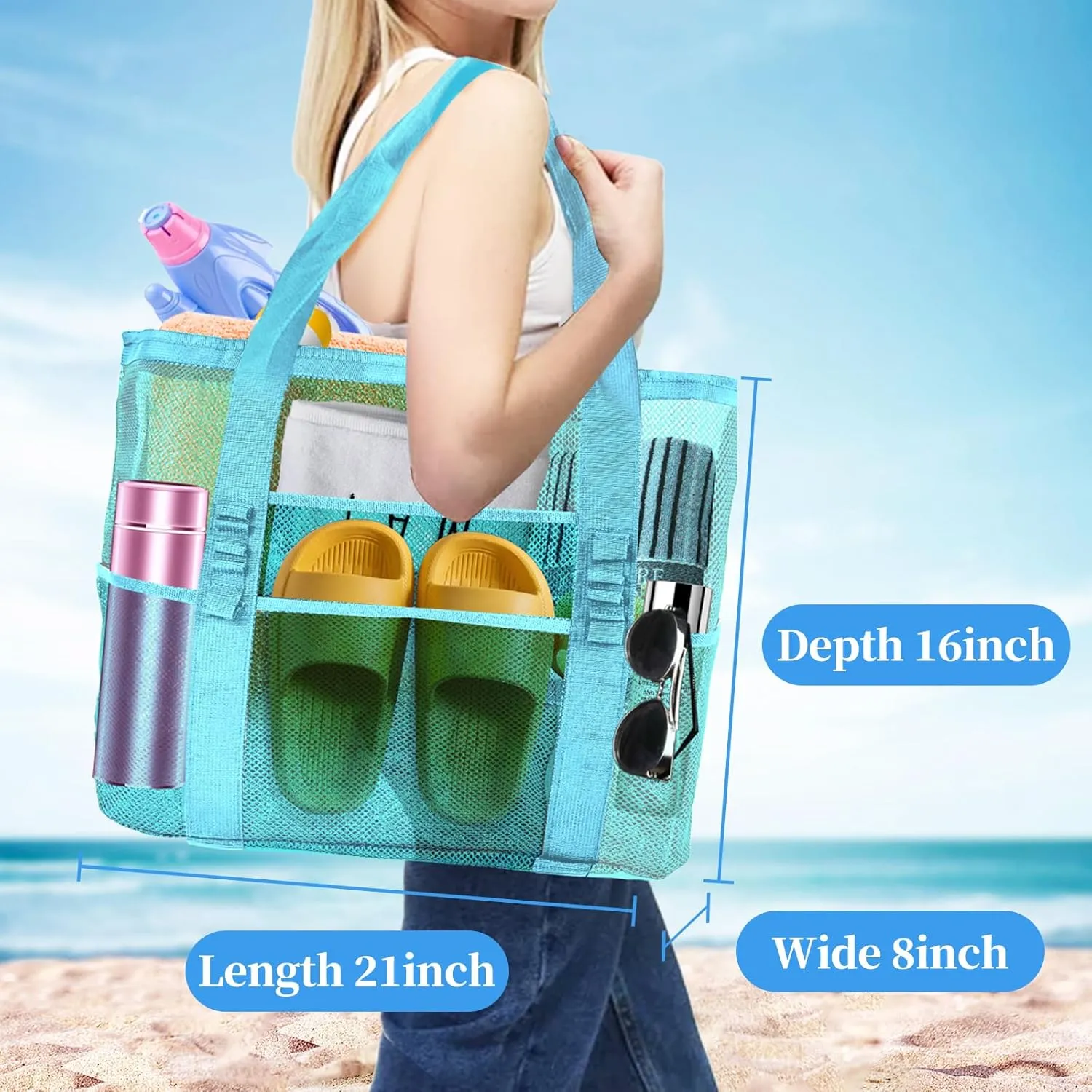 Large Mesh Beach Bag - Lightweight & Foldable Family Beach Bag with 9 Pockets for Toys, Towels & Vacation Essentials