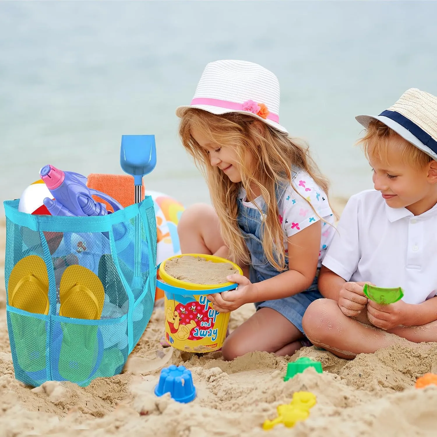 Large Mesh Beach Bag - Lightweight & Foldable Family Beach Bag with 9 Pockets for Toys, Towels & Vacation Essentials
