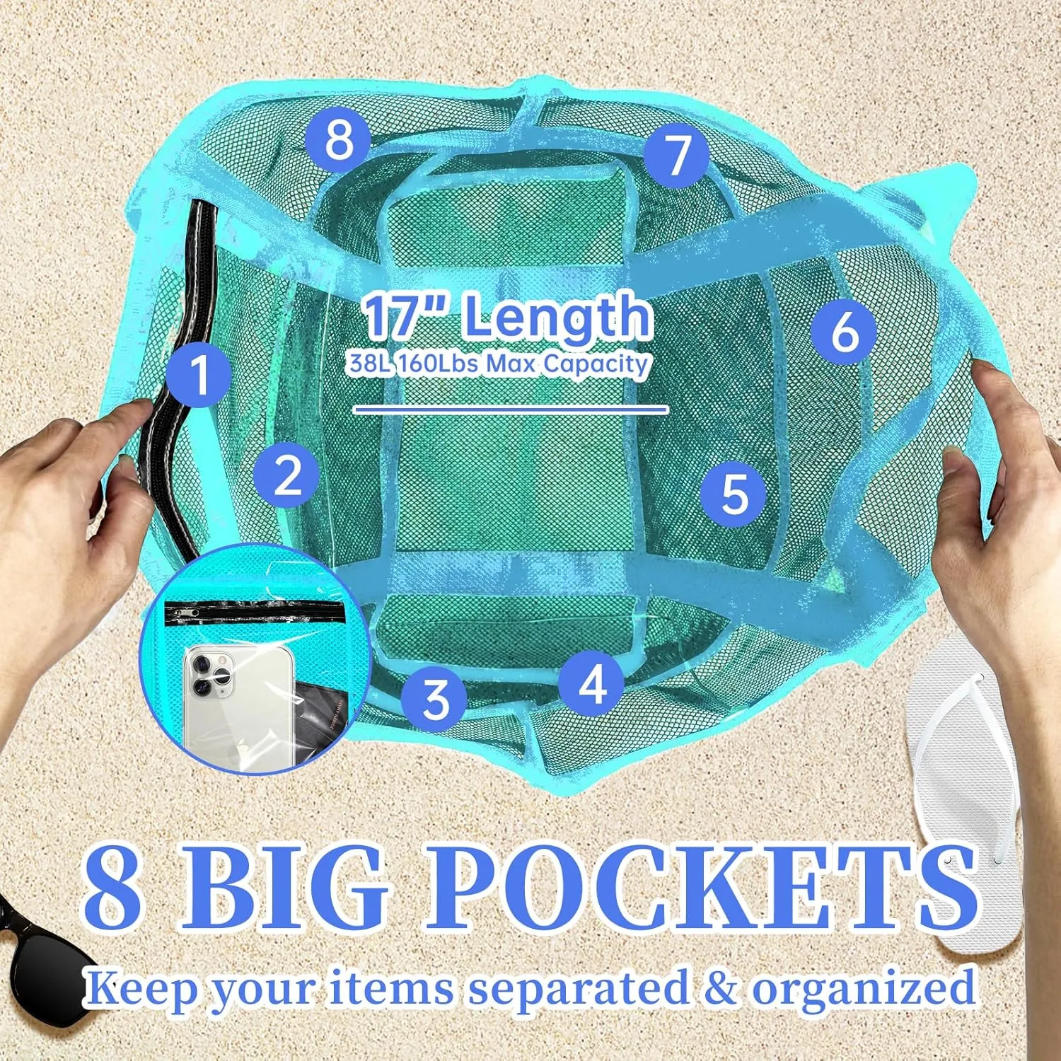 Large Mesh Beach Bag - Lightweight & Foldable Family Beach Bag with 9 Pockets for Toys, Towels & Vacation Essentials