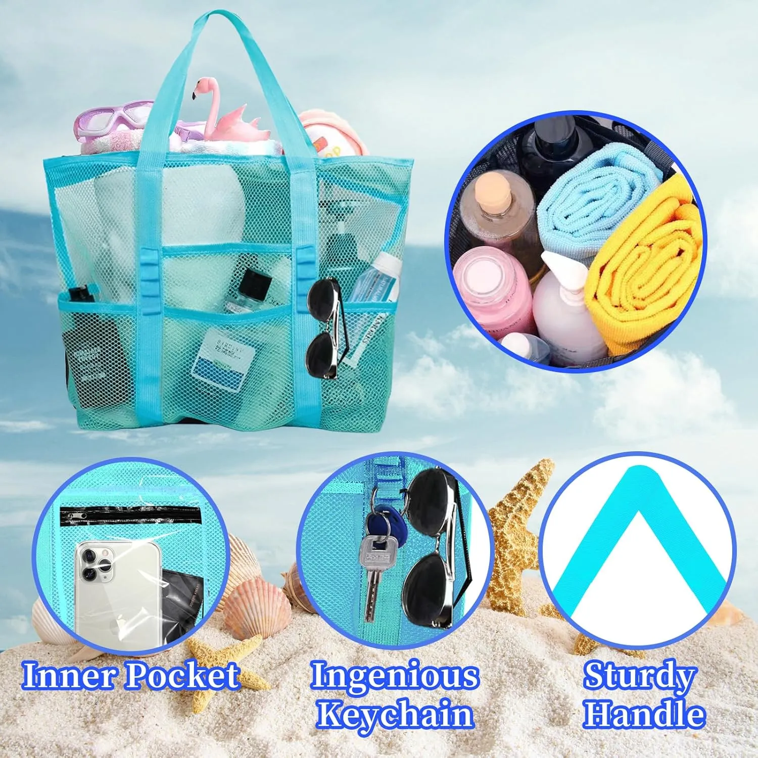 Large Mesh Beach Bag - Lightweight & Foldable Family Beach Bag with 9 Pockets for Toys, Towels & Vacation Essentials