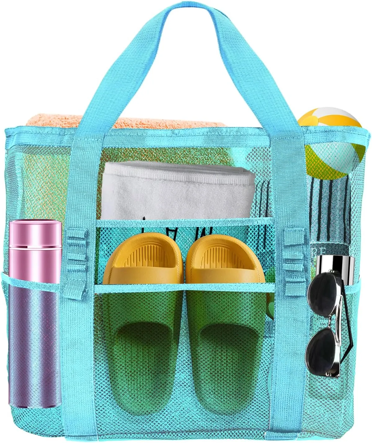 Large Mesh Beach Bag - Lightweight & Foldable Family Beach Bag with 9 Pockets for Toys, Towels & Vacation Essentials