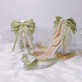 Lolita High Heels for Women Pearl Lace Green Designer Shoes High End Knot Bridal Shoes  Fashion Women Trending
