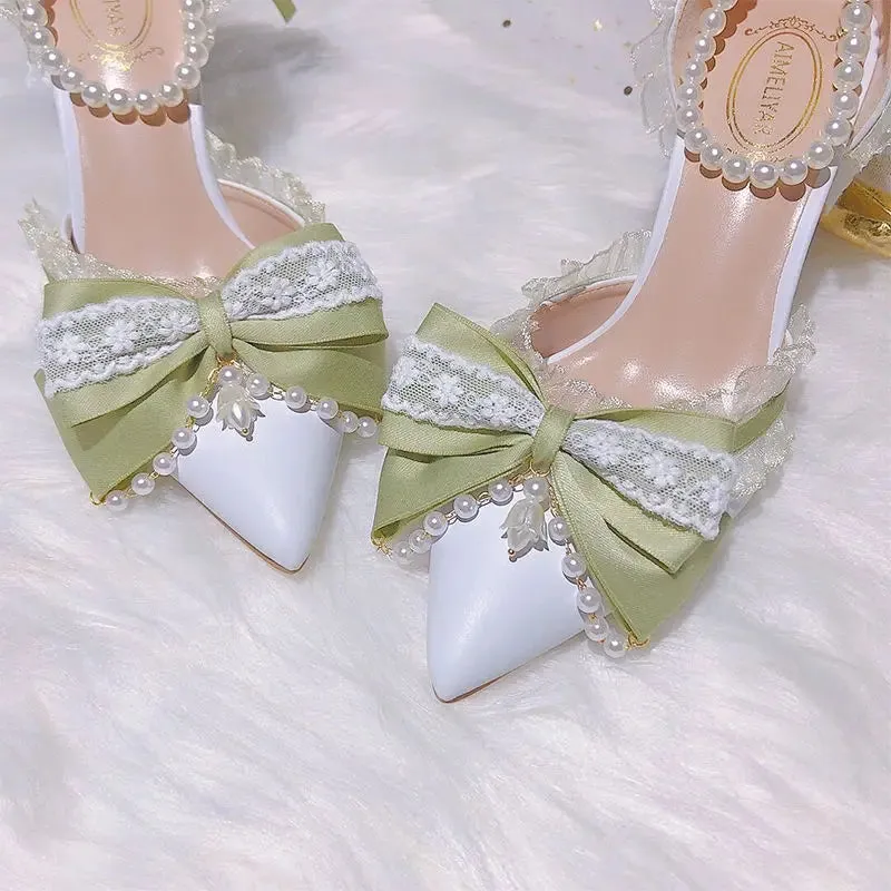 Lolita High Heels for Women Pearl Lace Green Designer Shoes High End Knot Bridal Shoes  Fashion Women Trending