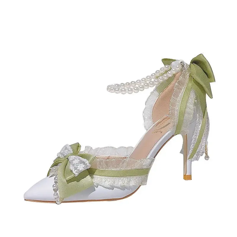Lolita High Heels for Women Pearl Lace Green Designer Shoes High End Knot Bridal Shoes  Fashion Women Trending