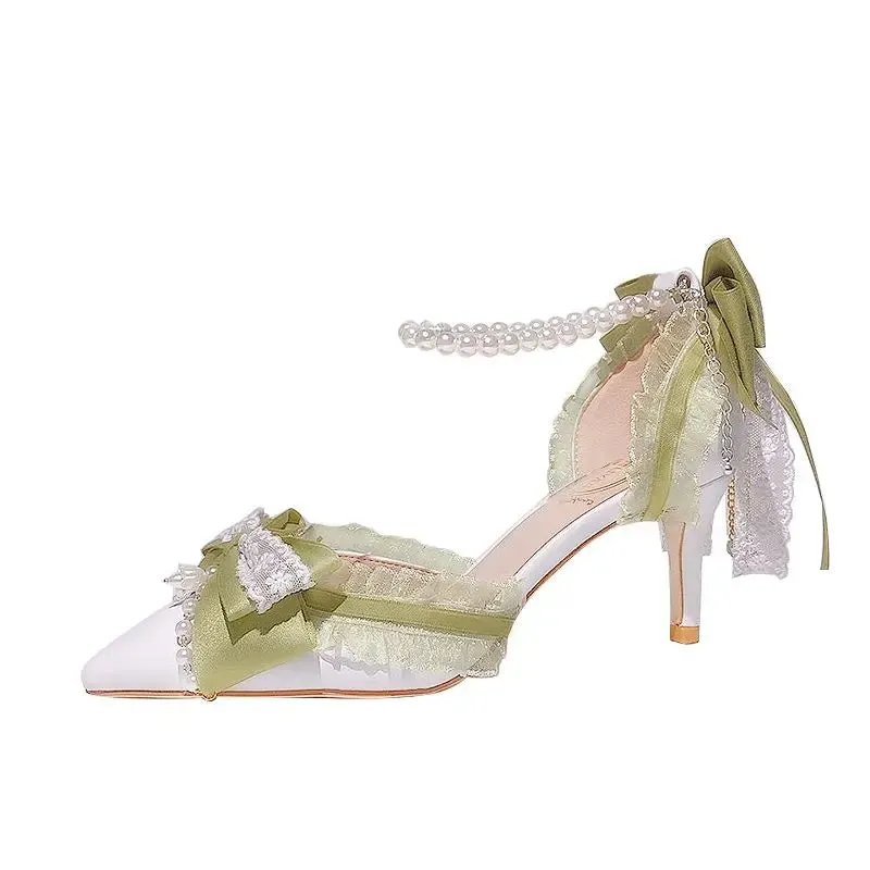 Lolita High Heels for Women Pearl Lace Green Designer Shoes High End Knot Bridal Shoes  Fashion Women Trending